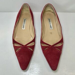 Manolo Blahnik Burgundy Red Suede Pointed Toe Ballet Flats Size 39EU 8.5US